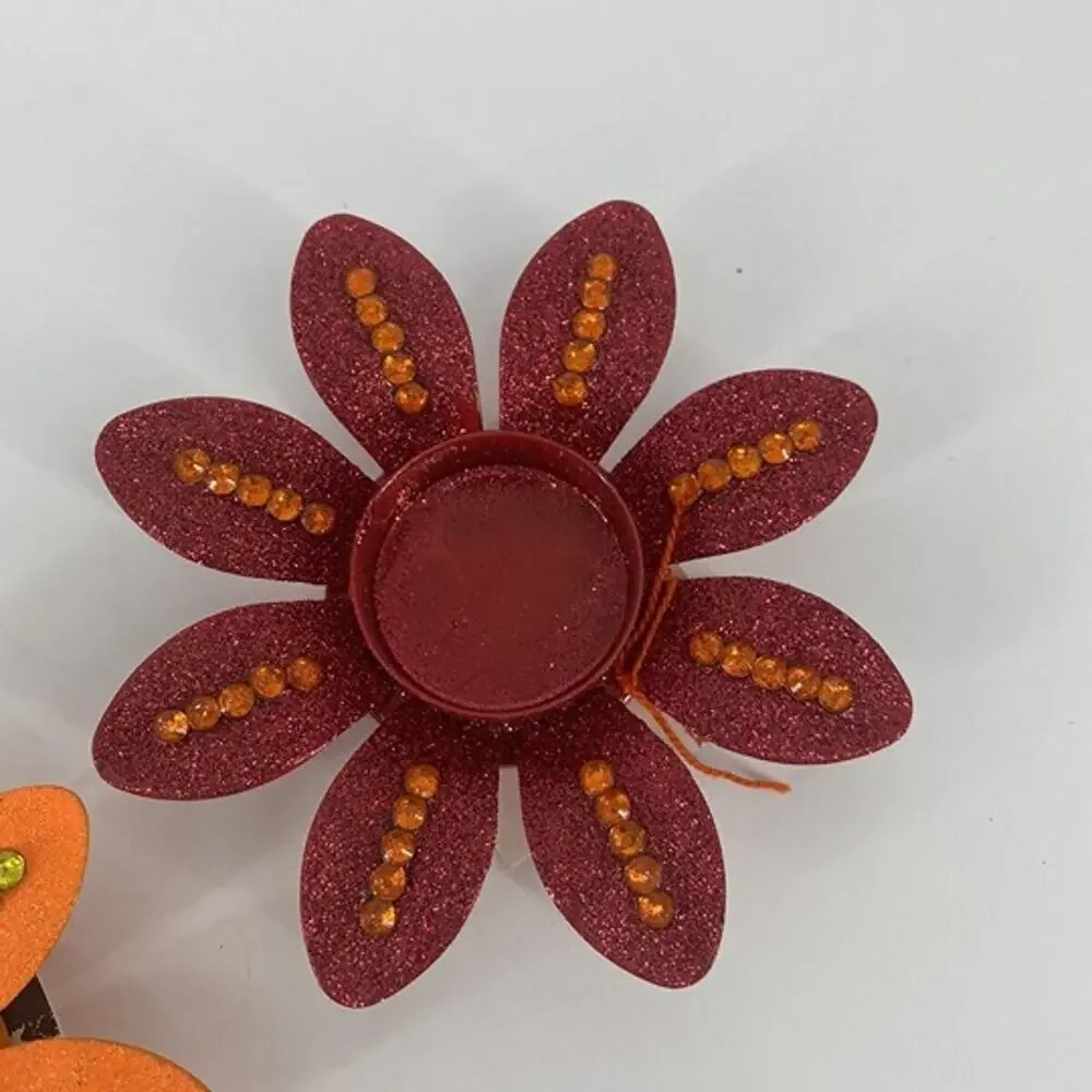 Lot Of 2 Red/orange Flower Tealight Holder With Glitter And Rhinestone Embellish